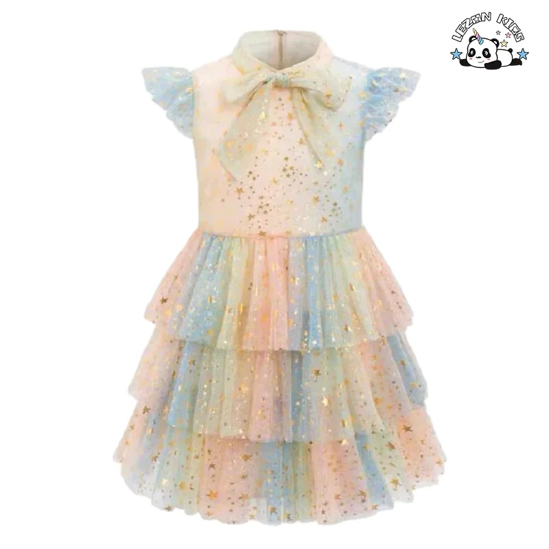 LEZONKIDS - 2024 OEM ODM Gold Star Foil Print Rainbow Bow High Collar Elegant Layers Girls Tulle Dress